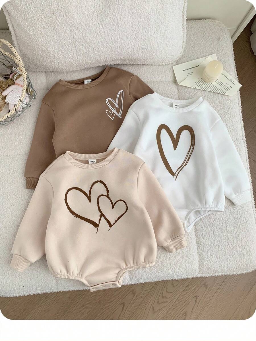 2 件套 新生儿女孩冬季保暖内衬针织圆领长袖心形印花连体衣