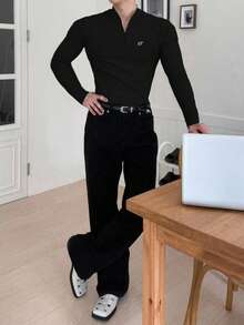 DAZY 男士字母刺绣修身长袖T恤，秋季商务正装四分之一拉链款 - 黑色 - 查看 3