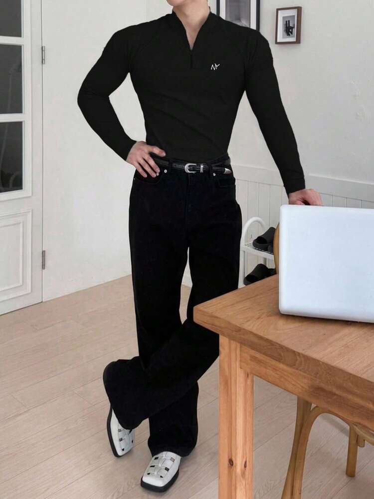 Men's Letter Embroidered Slim Fit Long Sleeve T-Shirt, Autumn Business Attire Quarter Zip Men