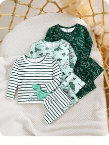 SHEIN 6 Stücke Set Baby Jungen Kuschel-Schlafanzug mit Cartoon Dinosaurier- und Streifenmuster, weich und bequem