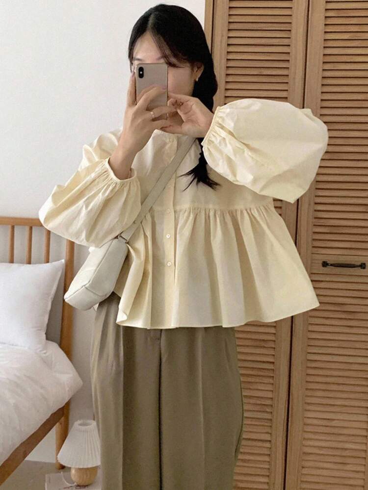 Girly Casual Crew Neck Pleated Puff Sleeve Women Blouse,Fall Clothes