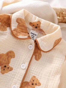 2 件套新生女童可爱蝴蝶结图案长袖上衣和裤子休闲舒适睡衣套装 - 杏色 - 查看 4