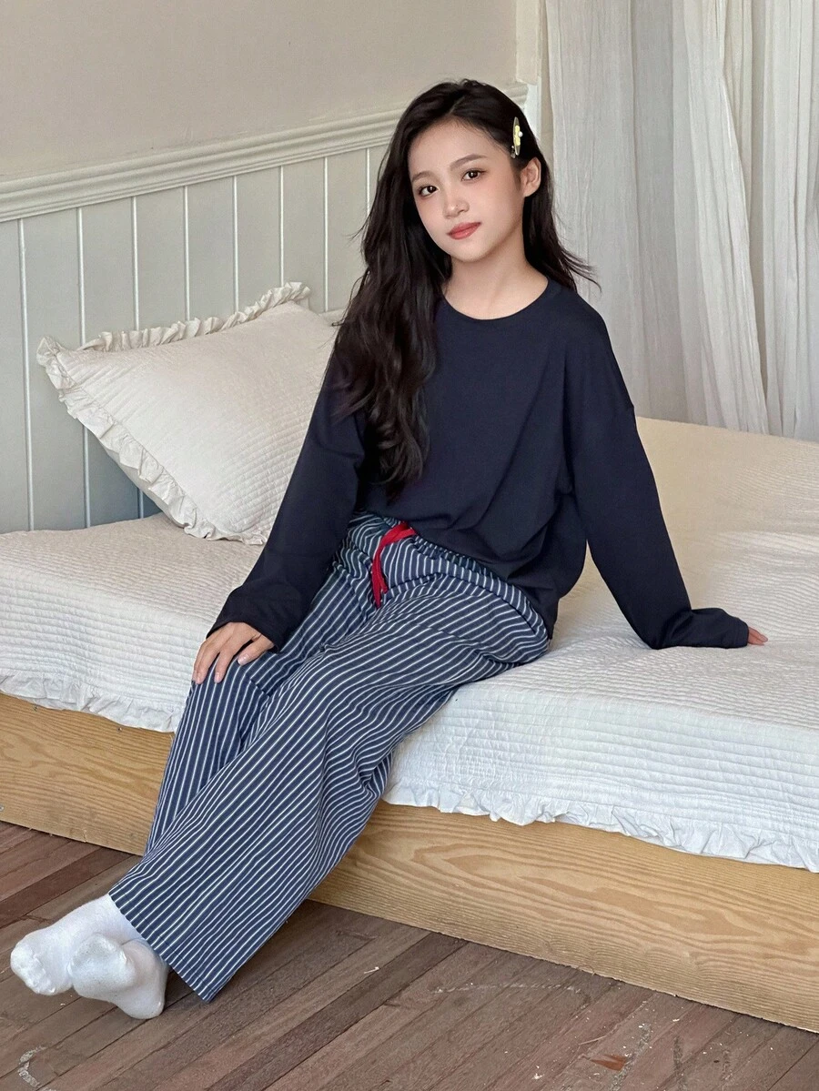 DAZY 青少年女孩纯色落肩宽松长袖上衣和条纹印花裤睡衣套装,春秋季 - 藏蓝色 - 查看 1