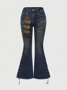 ROMWE Grunge Punk Vintage Distressed Denim Flare Jeans With Tie Belts & Mini Raccoon Decor, Shibuya Girl Style - Dark Grey - View 5