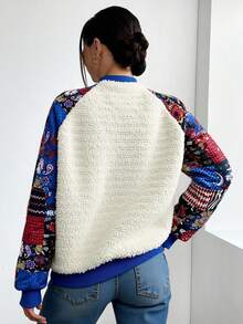 SHEIN Cottnline Patchwork And Faux Fur Detailed Front Snap Buttoned Women's Bomber Jacket With Two Side Pocket - Multicolor - View 2