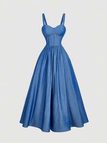 SHEIN MOD Women's Elegant Spaghetti Strap Faux Denim Lace-Up Waist Bustier Dress,Fall /Winter,Halloween,Christmas, Going Out,Cute,Gothic,Chic,Casual,, Blue Formal Dress, Blue Wedding Guest Dress, Blue Sundress