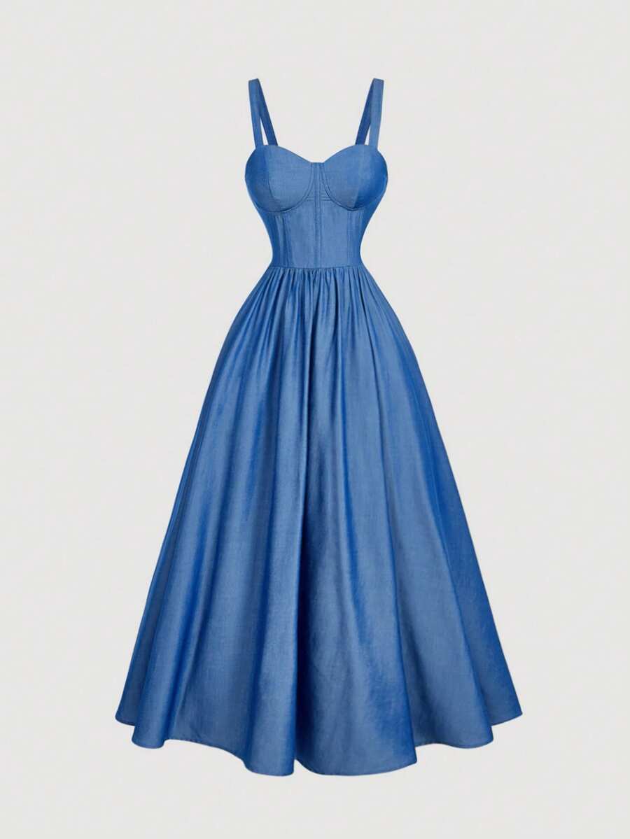 SHEIN MOD Women's Elegant Spaghetti Strap Faux Denim Lace-Up Waist Bustier Dress,Fall /Winter,Halloween,Christmas, Going Out,Cute,Gothic,Chic,Casual,, Blue Formal Dress, Blue Wedding Guest Dress, Blue Sundress