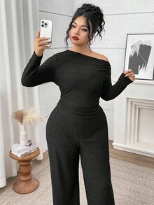 Modelyn Conjunto de 2 piezas de top con cuello asimétrico y pantalones de unicolor informal de talla grande - Negro - Ver 3