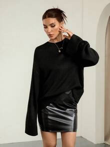 SHEIN Tall Suéter de punto holgado de manga larga para mujer, negro liso, otoño, estilo chic sin esfuerzo, suéter de hombro caído liso para uso diario otoño/invierno - Negro - Ver 5