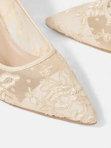 CUCCOO HITCHD 尖头细跟杏色蕾丝网眼婚鞋，透气优雅仙女风格女士高跟鞋 - 杏色 - 查看 9