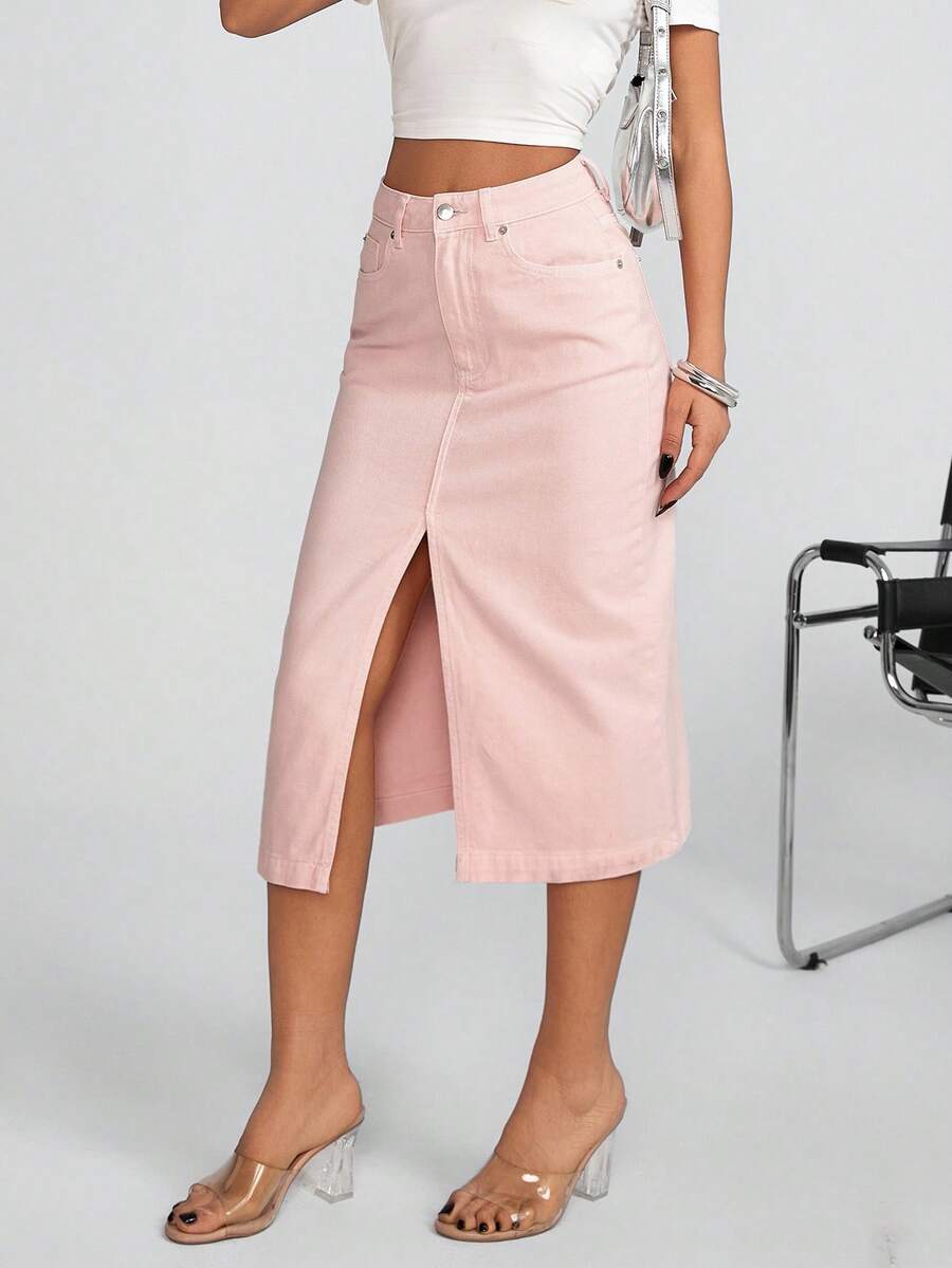 EURMUSE Váy denim cạp cao trơn đơn giản dành cho nữ - Hồng - Xem 1