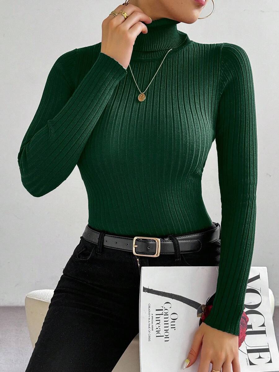 RosyDaze Women's Solid Color Long Sleeve Basic Minimalist Turtleneck Sweater, Autumn/Winter - Dark Green - View 1