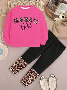 SHEIN Bộ 2 áo nỉ dài tay và quần dài in họa tiết da báo "MAMA'S GIRL" cho bé gái, họa tiết hoạt hình, phù hợp cho mùa thu/đông - Nhiều màu - Xem 2