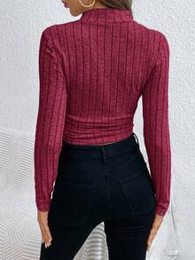 SHEIN Frenchy 女士休闲纯色罗纹针织褶皱 T 恤 - 紅色 - 查看 2