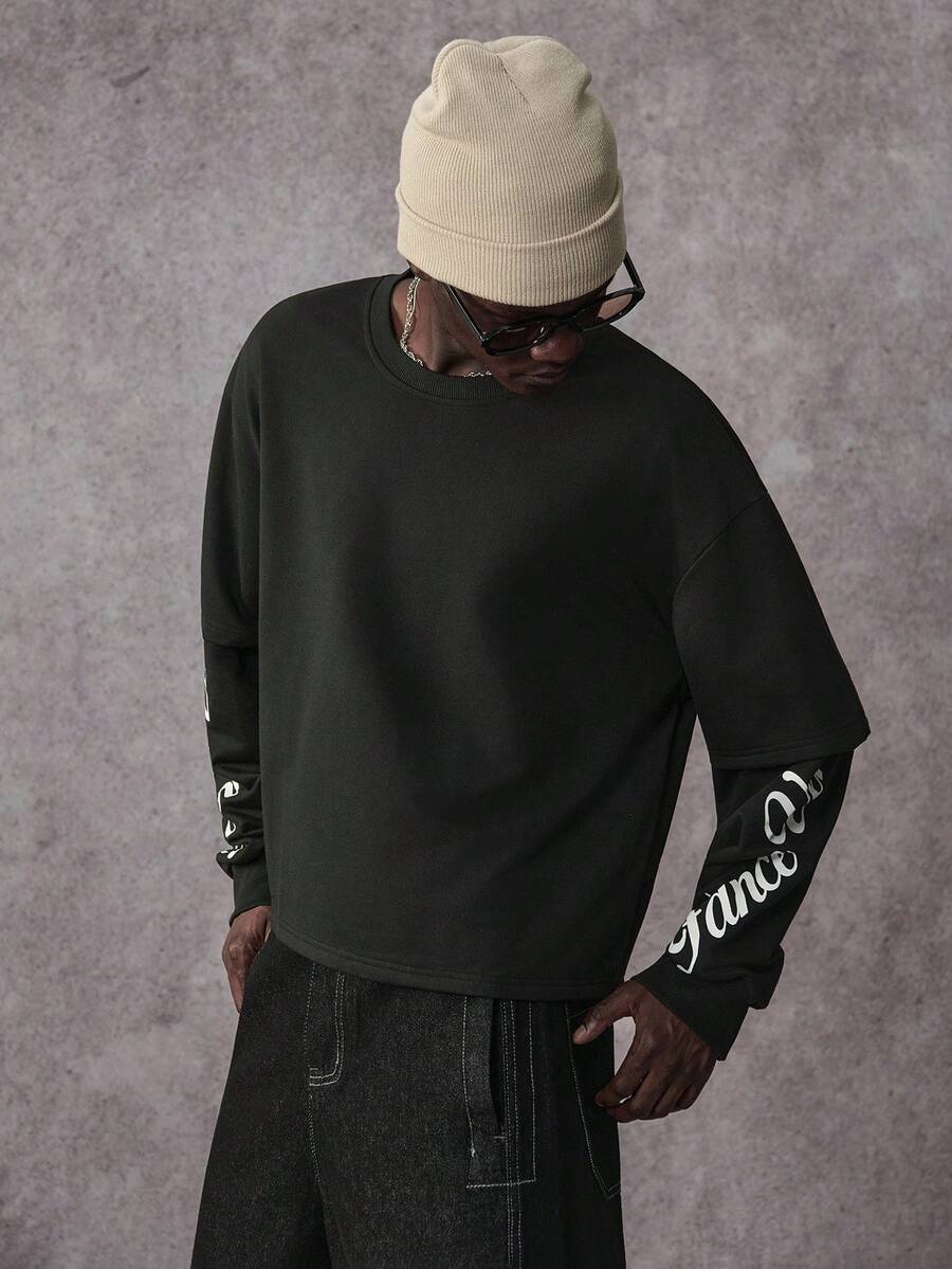 STYNVO Men's Letter Print Short Mock Neck Pullover Sweatshirt, For Fall - Black - View 1