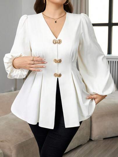 Modelyn Plus Size Elegant Commuter Solid Color Lantern Sleeve Cinched Waist Shirt