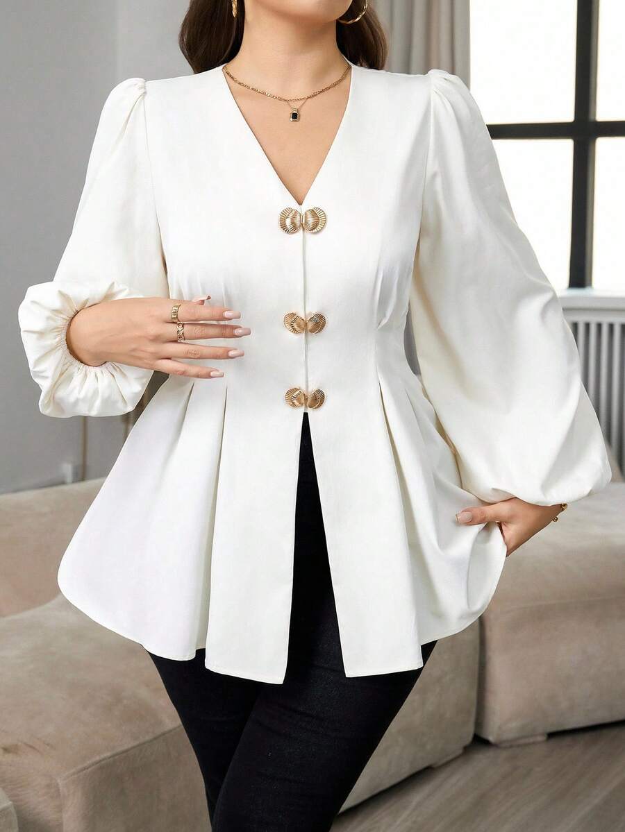 Modelyn Plus Size Elegant Commuter Solid Color Lantern Sleeve Cinched Waist Shirt - Beige - View 1