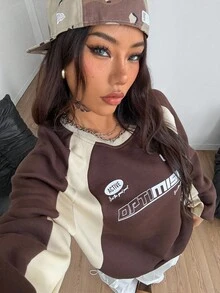 SHEIN Coolane 女式秋冬羊毛拼色宽松卫衣 - 咖啡棕 - 查看 4