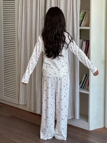 DAZY Tween Girl Ditsy Floral Long Sleeve Pajama Set - White - View 4