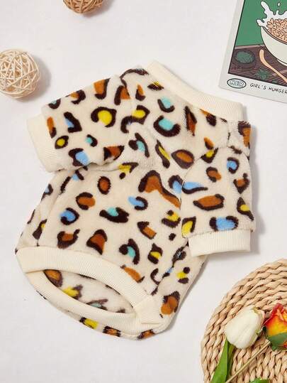 PETSIN 1件彩色豹纹抓绒加厚保暖圆领宠物卫衣，适合猫狗，秋冬季