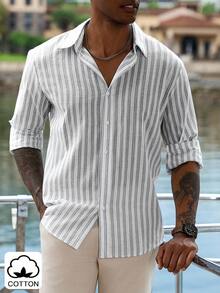 Manfinity Homme 男士修身基本款长袖条纹衬衫，秋季 - 黑與白 - 查看 1