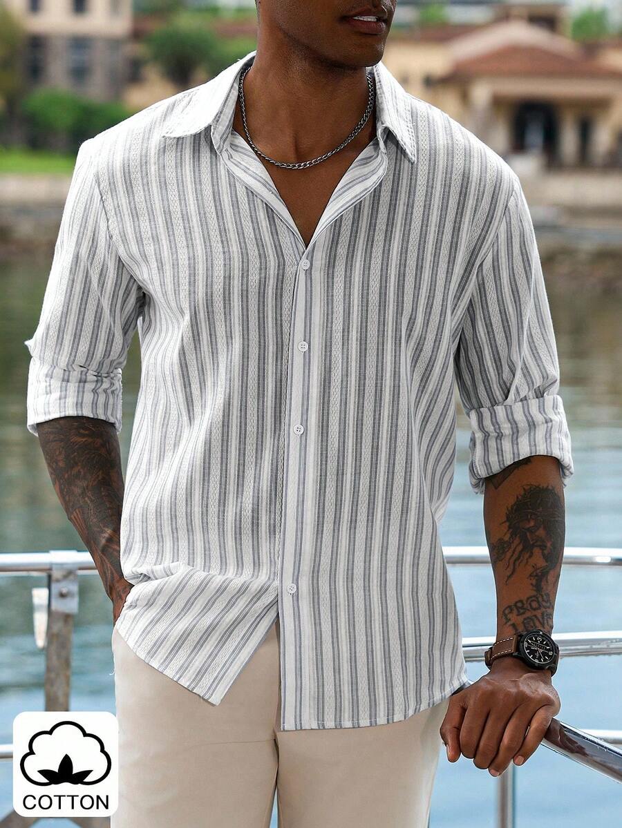 Manfinity Homme 男士修身基本款长袖条纹衬衫，秋季 - 黑與白 - 查看 1