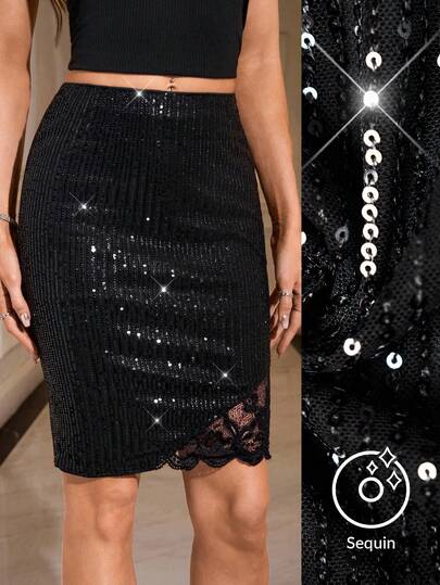 Gownix Women's New Fashionable High-End Elegant Lace Patchwork Knee-Length Skirt, Versatile For Daily, Commuting, And Outdoor Occasions  Black Skirt    Print   Sparkly Sequin Skirt For Women Luxury Evening Dresses For Weddings  Prom Skirt  Party Skirt  Fall Clothes For Women  New Year   Halloween  Sexy Lace Stitching