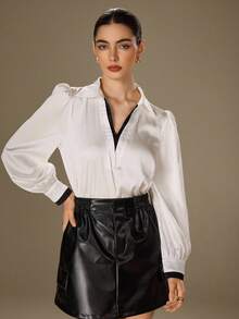 Modelyn Elegant Contrast Color Draping Collar Long Sleeve Shirt - Black and White - View 3