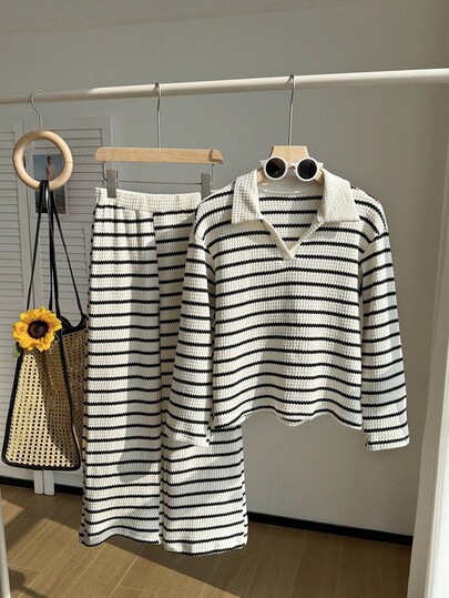 SHEIN Girls Striped Polo Shirt Top, Fashion Outfit, Suitable For Spring & Autumn Fall Winter