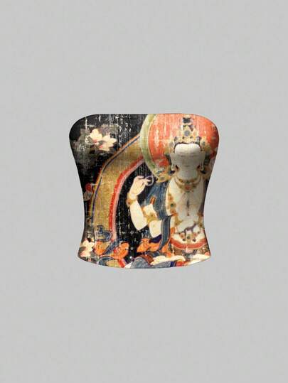 ROMWE Avant Top court sans manches style Bouddha esthétique oriental avec motif floral Thangka pour femmes