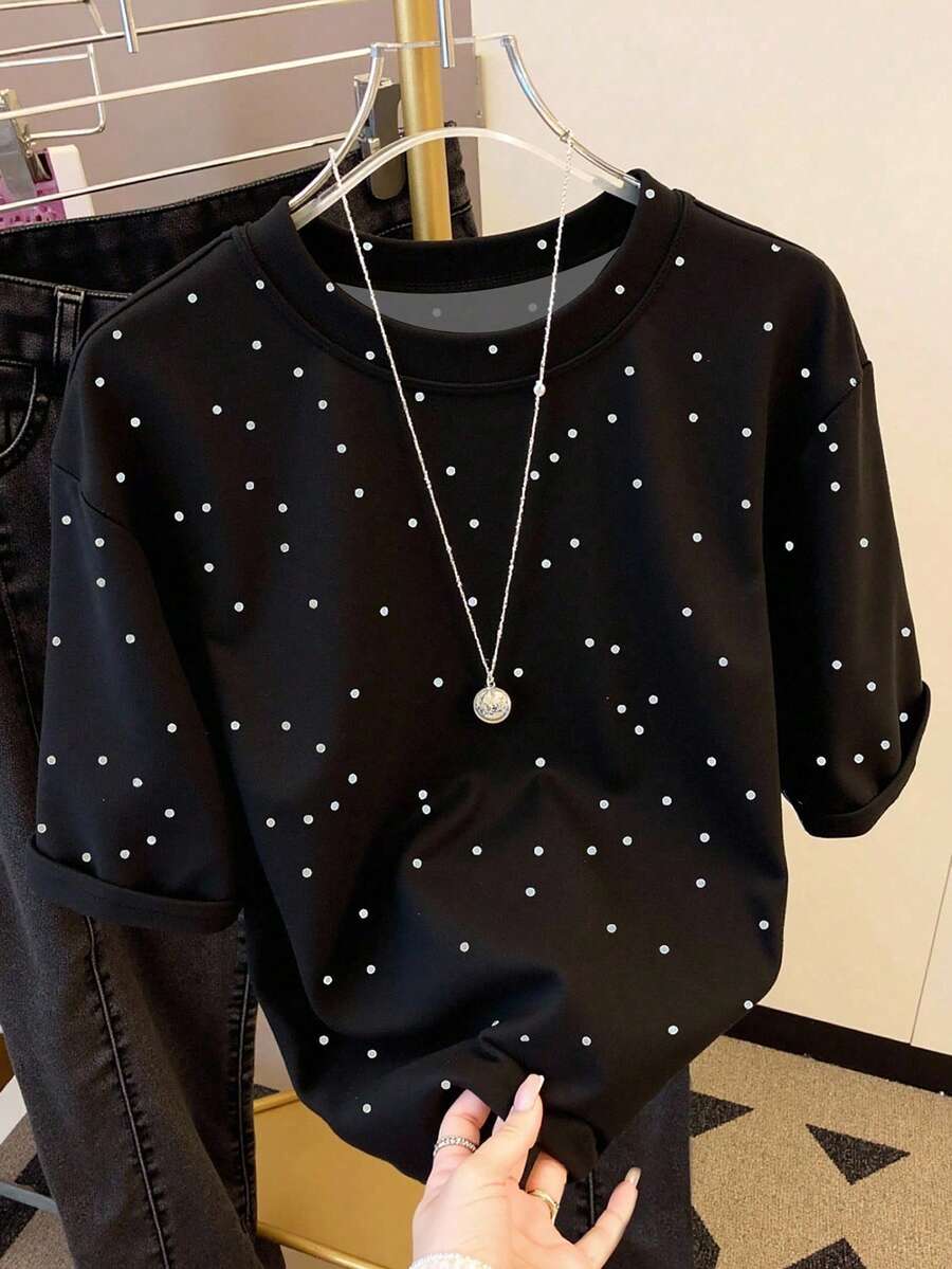 SHEIN Plus Size Polka Dot Printed Round Neck Women Short Sleeve T-Shirt