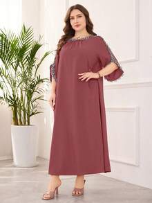 Lacomfia Váy tay 3/4 đính hoa thanh lịch cho nữ cỡ lớn - Gỗ đỏ - Xem 3