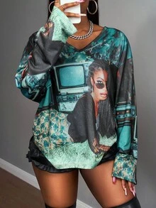 Slaydiva 2025 秋季新款 V 领长袖宽松 H 型上衣，适合生日派对、学校、日常外出、度假、巡航、海滩、日光浴、街头风格、朋克、俱乐部、肖像印花、女士运动衫的休闲装 - 彩色 - 查看 1