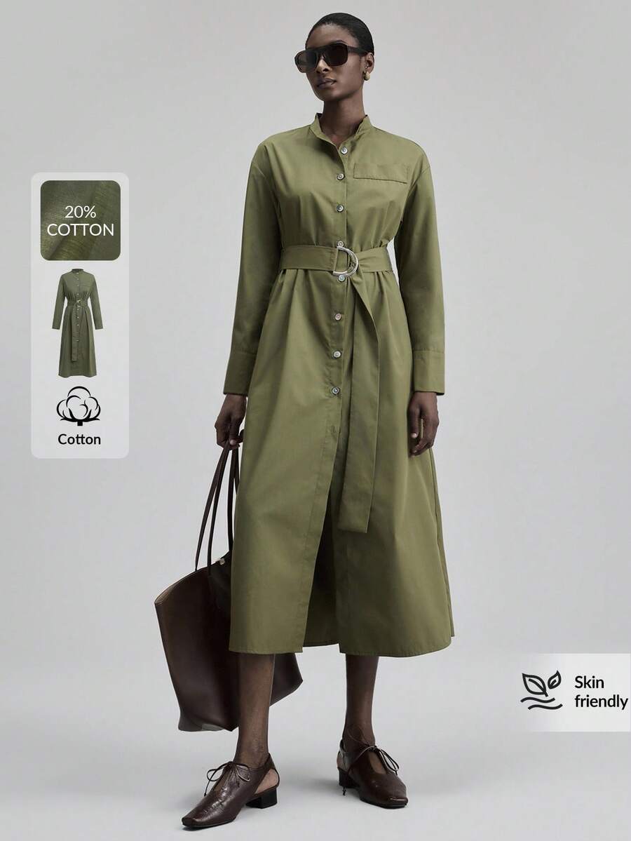 Ontre 2025 新款女式长裙，秋冬，现代都市风格，女装，军绿色，收腰宽松版型，系带，商务休闲，通勤，日常穿着，秋冬，圣诞节，万圣节，节日，度假，派对，合身廓形，女装，都市时尚，简约优雅女装，纽扣，梭织面料，女装 - 軍綠色 - 查看 1