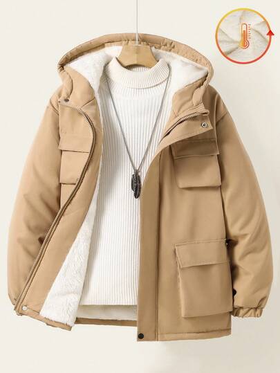 1pc Fashionable Khaki Hooded Teddy Thermal Lined Padded Coat For Tween Girls Suitable For Back To School, Casual, Outdoor, School Wear In Autumn/Winter Fall