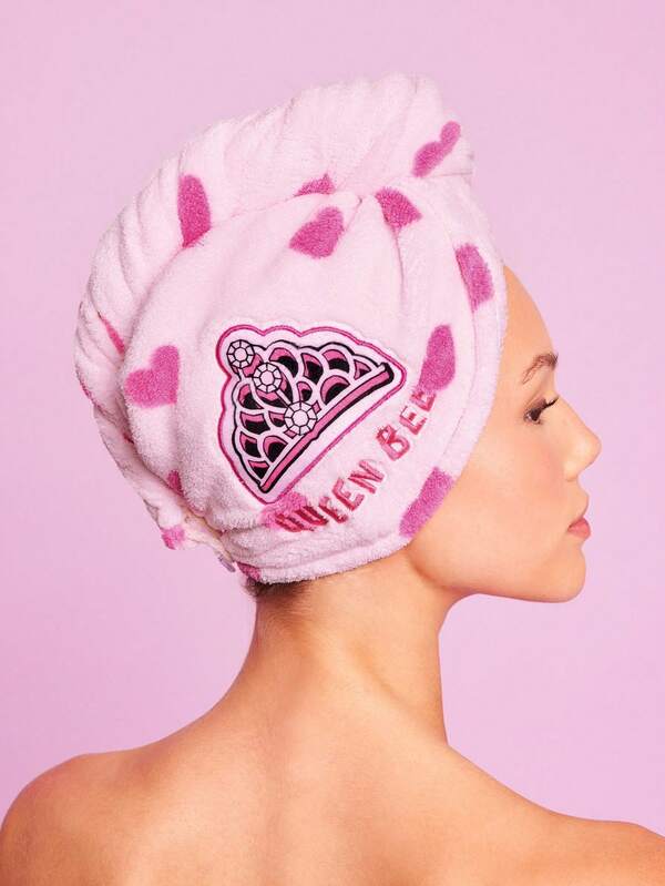 Mean Girls X SHEIN 1pc Queen Bee Embroidered Pink Hair Towel, Super Absorbent Hair Drying Cap, Heart Pattern Design, Suitable For All Hair Types & Volumes, Quick Drying