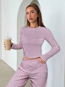 Aloruh Women's Casual Homewear Pajama Set, Includes Striped Crew Neck Long Sleeve Tee And Relaxed Straight Leg Striped Pants, Suitable For Daily Wear, Sports, Autumn/Winter,Cozy Fall And Winter Clothes For Women - Pink - View 5