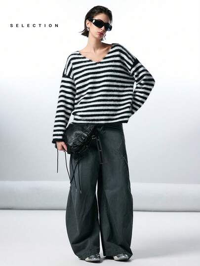 LYSMO 休闲宽松落肩条纹毛衣，秋冬