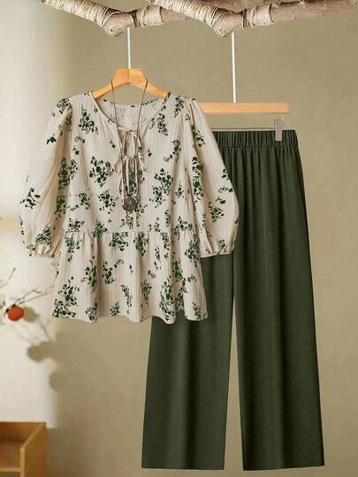 Linhara 大码女式前系带印花休闲衬衫和纯色阔腿裤套装