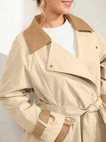 Momelise Plus Size Women PU Leather Patchwork Windbreaker, Mid-Length High-End Elegant Jacket - Khaki - View 8