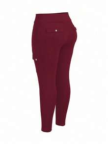 Calvaya Plus Size Women Casual Solid Color Pocket Leggings Fall - Red - View 3