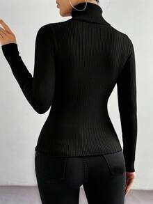 RosyDaze Solid Color Basic Minimalist Turtleneck Sweater, Casual For Autumn/Winter - Black - View 2