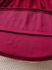 SHEIN Young Girls Velvet Long-Sleeve Dress, Ruffle Collar Bow Decor Button Detail A-Line Swing For Christmas Party Family Burgundy Autumn Elegant Birthday - Burgundy - View 4