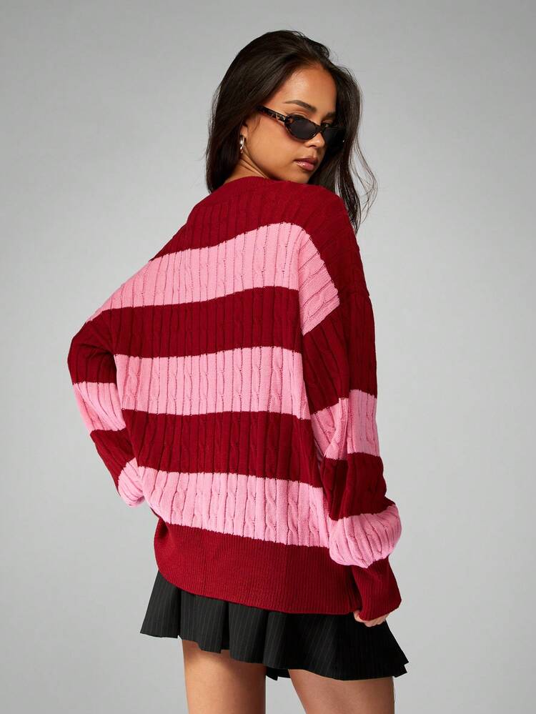 MISSGUIDED Oversized Cable Knit Sweater V Neck Color Block Winter Fall Fashion Vintage Y2K Preppy Collegiate Chunky Stripe Pullover Casual Daily Wear