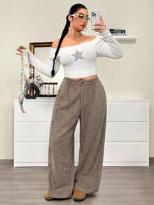SHEIN EZwear Plus Size Brown Plaid Woolen Suit Pants, Autumn/Winter Baggy - Brown - View 5