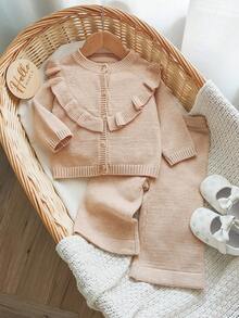 SHEIN Ensemble cardigan et pantalon de couleur unie pour bébé fille - Kaki - Voir 1