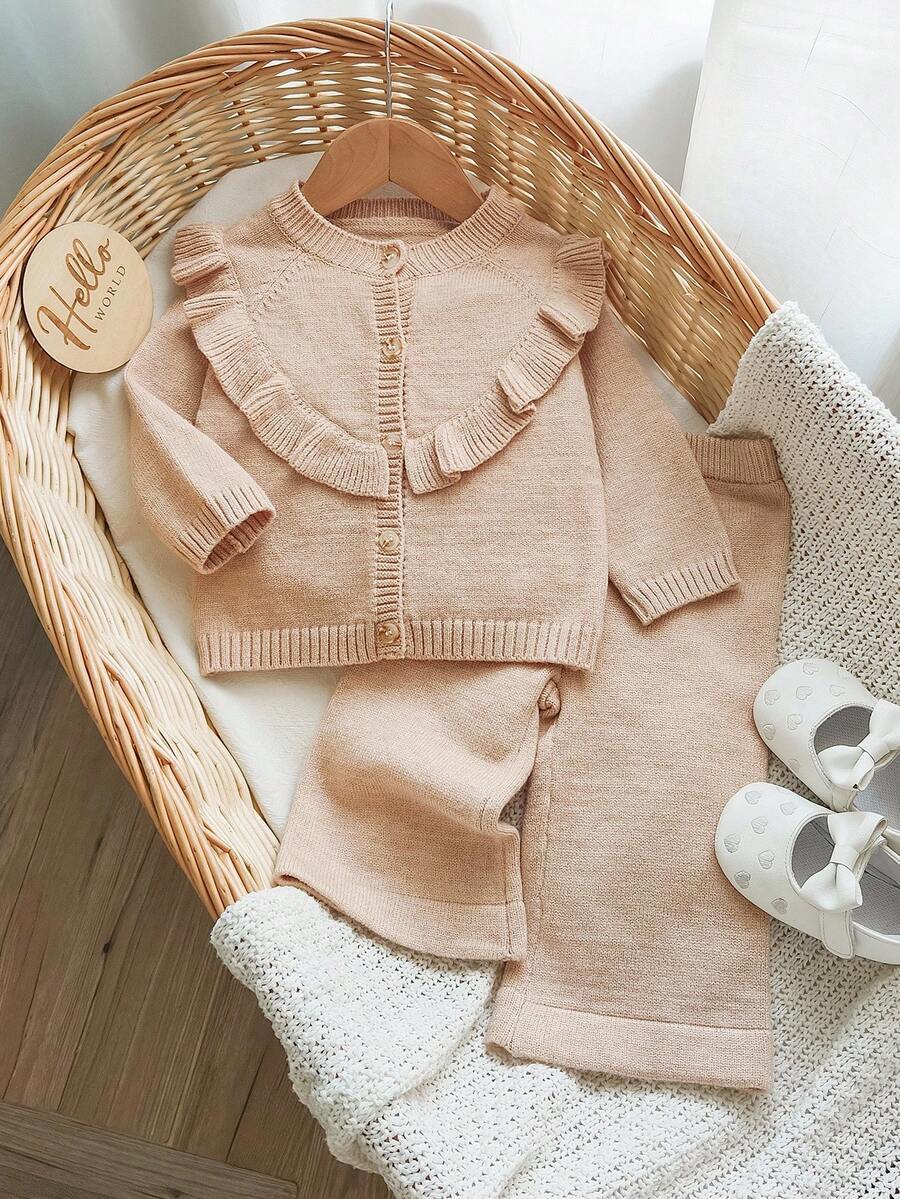SHEIN Ensemble cardigan et pantalon de couleur unie pour bébé fille - Kaki - Voir 1