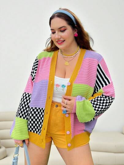 Solflare Plus Dopamine Striped & Checkered Pattern Drop Shoulder Cardigan In Fall/Winter