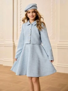Girls Elegant Fashion Elegant Lapel Shoulder Short Jacket, Round Neck Sleeveless High Waist Short Dress, And Matching Beret Hat 3 Pieces Set, Suitable For Autumn/Winter
