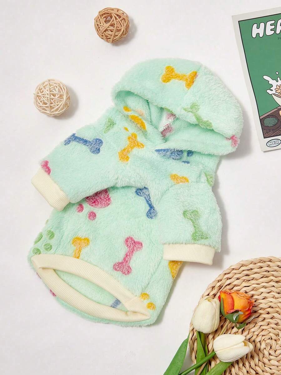 PETSIN 1pc Pets Mint Green Paw Print Bone Plush Hooded Sweatshirt, Thicken Warm For Cat & Dog Autumn/Winter - Multicolor - View 1